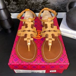 Tory Burch Phoebe Flat Thong-Tumbled Leather Tan Sandals